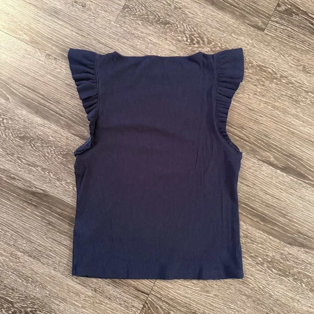 J. Crew Navy Ribbed Ruffle Sleeve Top - Picture 5 of 5